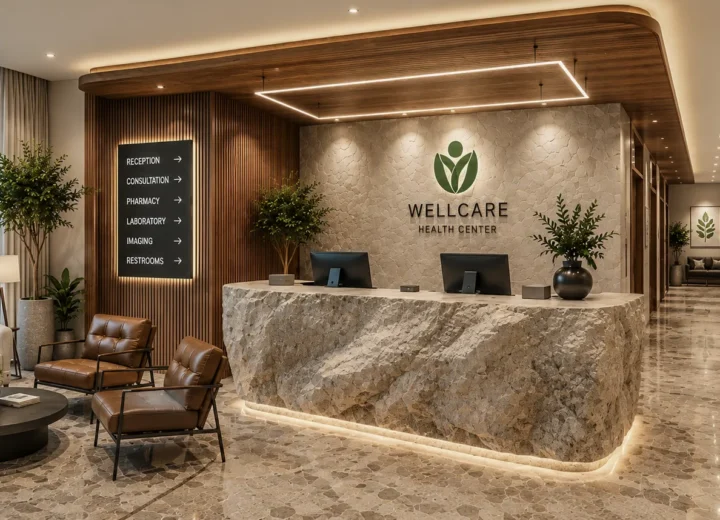 A nature-inspired healthcare environment that blends natural materials, warm lighting, and organic forms to create a calming, welcoming, and healing experience.