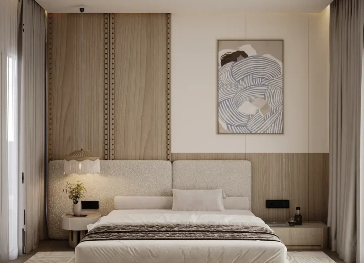 A warm minimalist bedroom blending natural wood, soft neutral tones, and clean lines to create a calm, elegant, and functional retreat.